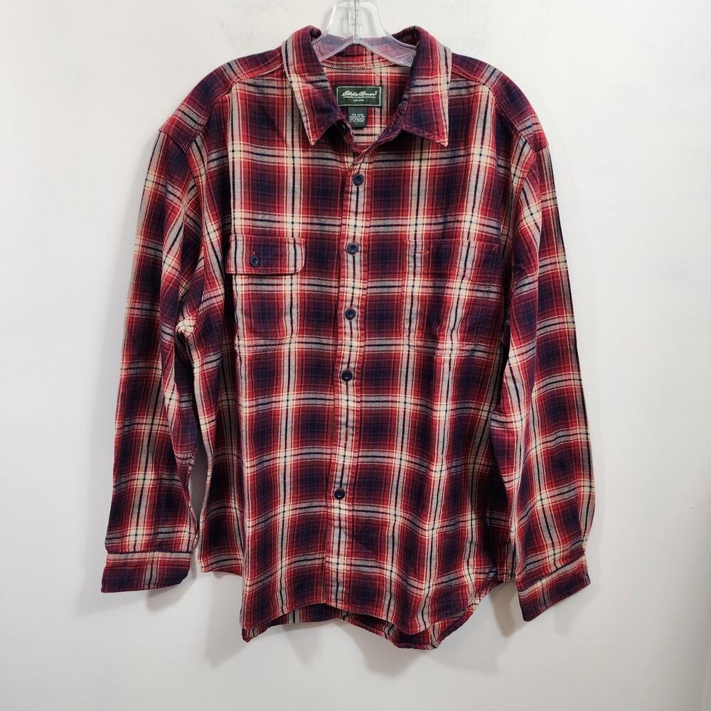 Eddie Bauer red, black & cream medium weight plaid flannel shirt mens size large